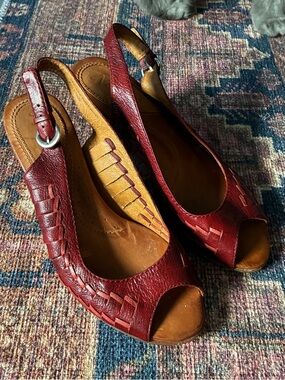 Women’s Red Leather Slingback Peep-Toe Shoes Bamboo Heel